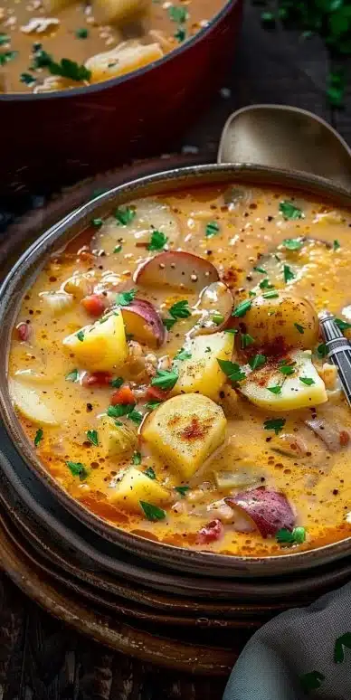 Bowl of flavorful Cajun Potato Soup garnished with green onions.