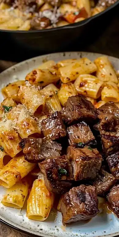 Delicious Cajun Steak Rigatoni with spices and steak served in a bowl.