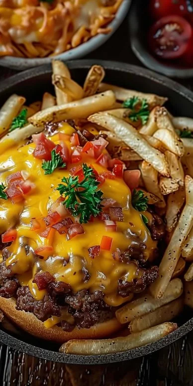 Cheeseburger French Fry Casserole 4 Cheeseburger casserole topped with crispy French fries and melted cheese