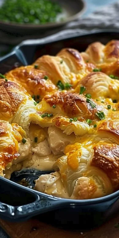 Cheesy Chicken Crescent Bake fresh out of the oven, golden and bubbly.