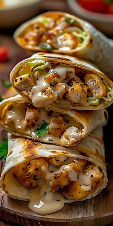 Delicious cheesy garlic chicken wraps served with fresh ingredients