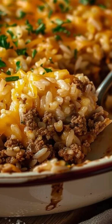 Cheesy ground beef and rice casserole topped with melted cheese in a baking dish