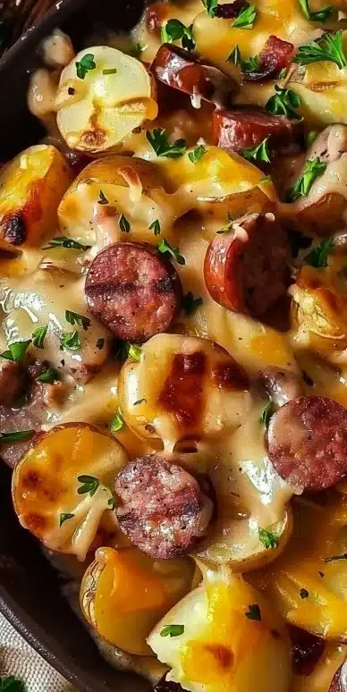 Cheesy Ranch Potatoes and Smoked Sausage 4 Cheesy ranch potatoes served with smoked sausage, a delicious comfort food dish.