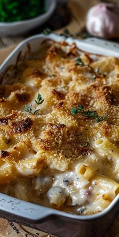 Delicious Chicken Cordon Bleu Casserole topped with cheese and herbs