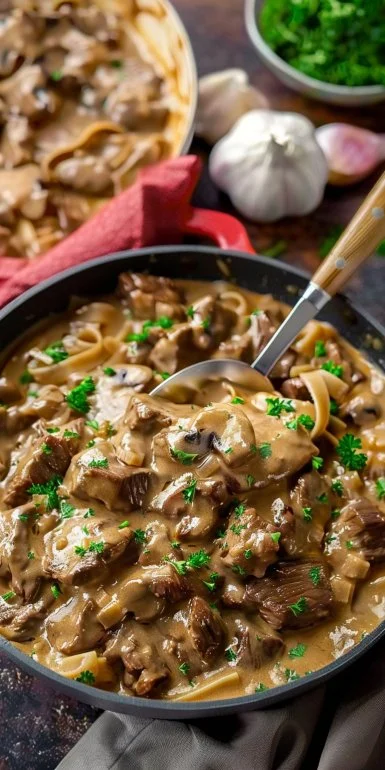 Classic Beef Stroganoff 4 Delicious classic beef stroganoff served with egg noodles and garnished with parsley