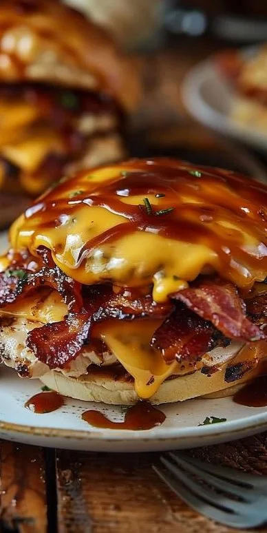 Cowboy BBQ Bacon Cheddar Chicken topped with BBQ sauce, bacon, and cheddar cheese.