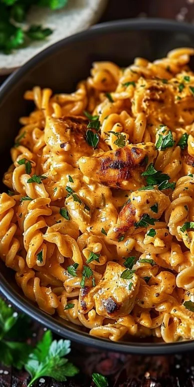 Delicious Cowboy Butter Chicken Pasta topped with herbs and spices