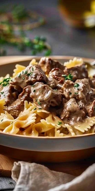 Creamy Beef Stroganoff with Bowtie Pasta