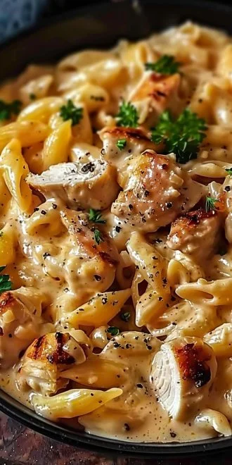 Creamy chicken pasta dish made in a crockpot, perfect for dinner.