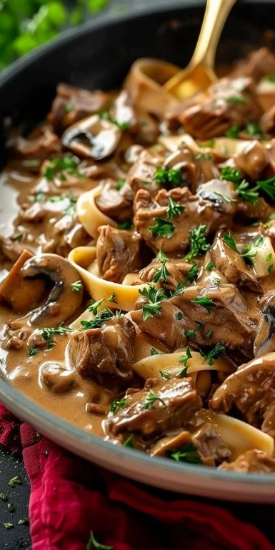 Creamy Classic Beef Stroganoff 4 Creamy classic beef stroganoff served with pasta and fresh parsley