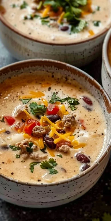 Bowl of creamy cowboy soup topped with herbs and served with crusty bread