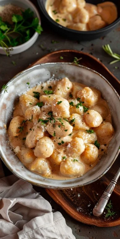 Bowl of creamy Crack Chicken Gnocchi topped with parsley and cheese