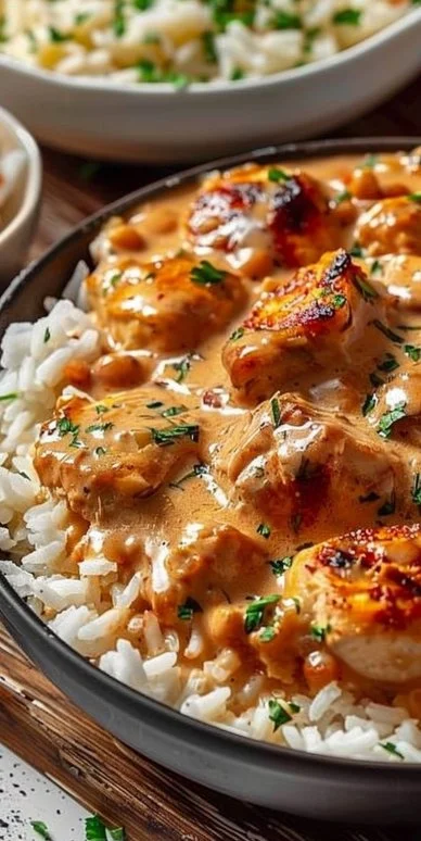 Creamy smothered chicken served on a plate with rice and herbs