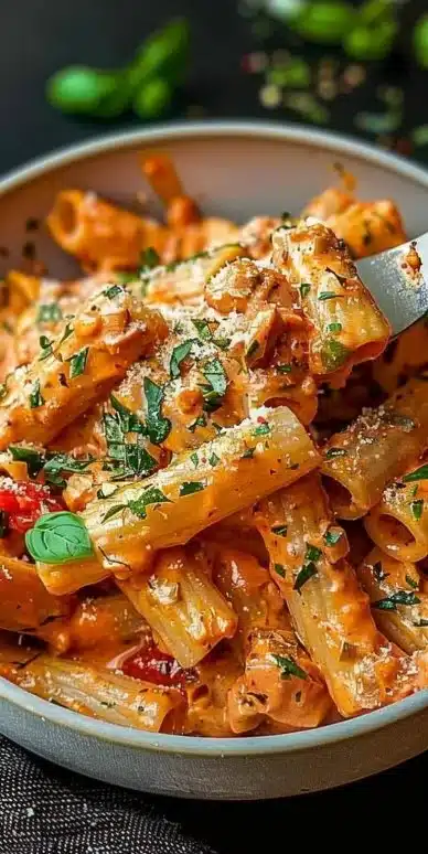Delicious creamy tomato garlic pasta topped with fresh herbs.