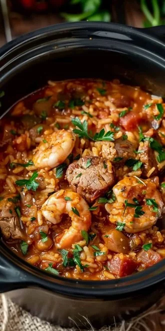Bowl of Crock Pot Jambalaya with shrimp, sausage, and rice