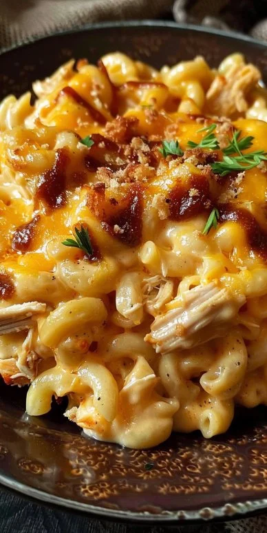Crockpot BBQ Chicken Mac and Cheese served in a bowl with garnishes