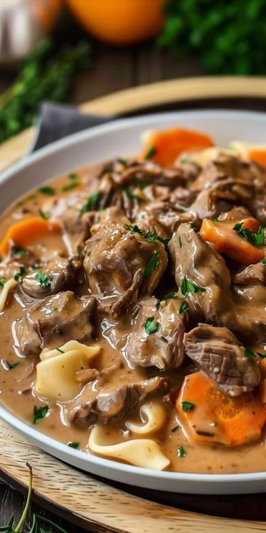 Delicious crockpot beef stroganoff served with noodles and garnished with parsley.