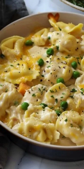 Crockpot Cheddar Chicken Pot Pie Tortellini - Creamy, Cozy & Family-Friendly