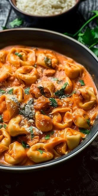 Bowl of CrockPot Chicken Tortellini with fresh ingredients.