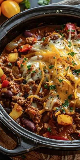 Delicious Crockpot Cowboy Casserole Dinner cooked with beef, corn, and cheese
