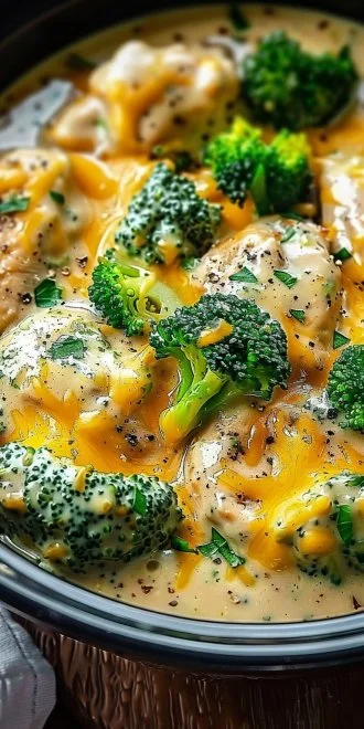 Crockpot creamy broccoli cheddar chicken served in a bowl