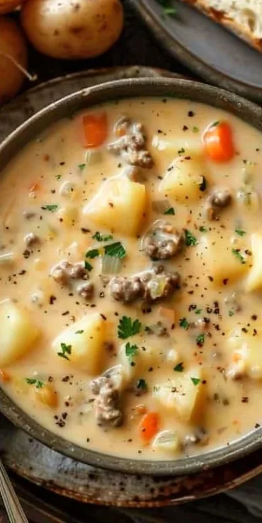 Crockpot Creamy Potato and Hamburger Soup served in a bowl