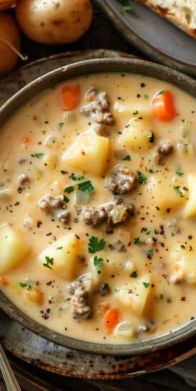 Crockpot Creamy Potato and Hamburger Soup served in a bowl