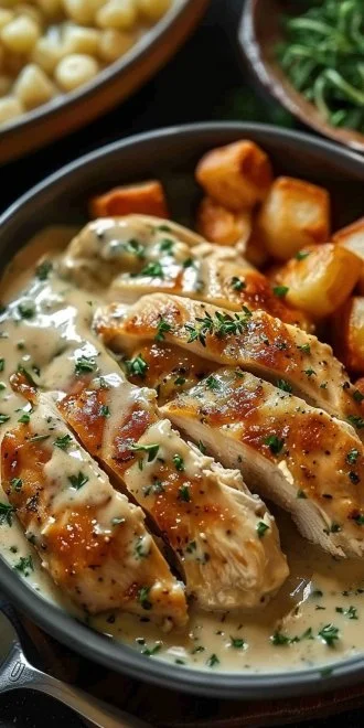 Crockpot Creamy Ranch Chicken served in a bowl with herbs and spices