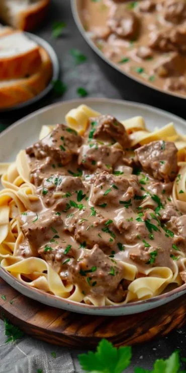 Crockpot ground beef stroganoff served in a bowl with creamy sauce and noodles