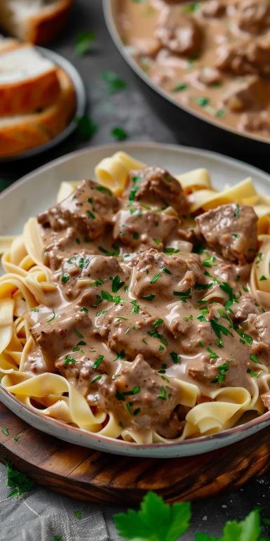 Crockpot ground beef stroganoff served in a bowl with creamy sauce and noodles