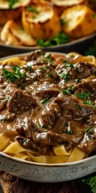 Crockpot Ground Beef Stroganoff served in a bowl