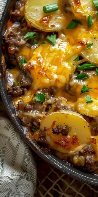 Crockpot Hamburger Potato Casserole ready to serve with layers of beef and potatoes.