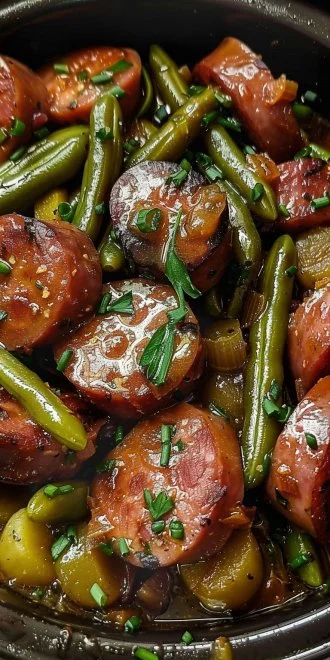 Crockpot Kielbasa and Green Beans 4 Slow-cooked Crockpot Kielbasa with green beans in a bowl