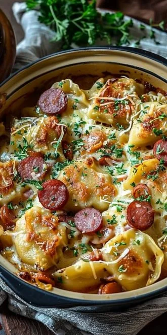 Delicious Crockpot Pierogi Casserole with Kielbasa served in a dish.