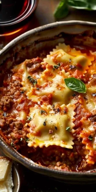 Crockpot Ravioli Lasagna served on a plate with cheese and herbs