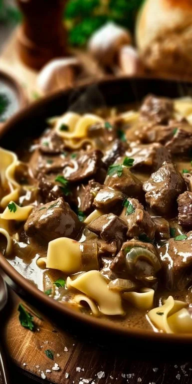Delicious Slow Cooker Beef Stroganoff for Easy Weeknight Meals 4 Slow cooker beef stroganoff served on a plate with noodles and garnish.