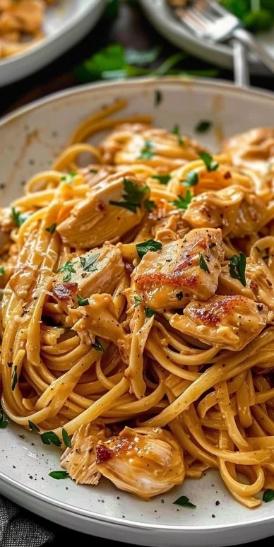 Plate of easy cowboy butter chicken linguine garnished with herbs.