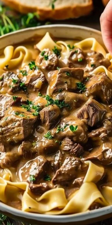 Delicious easy Crock Pot beef stroganoff served with noodles and mushrooms