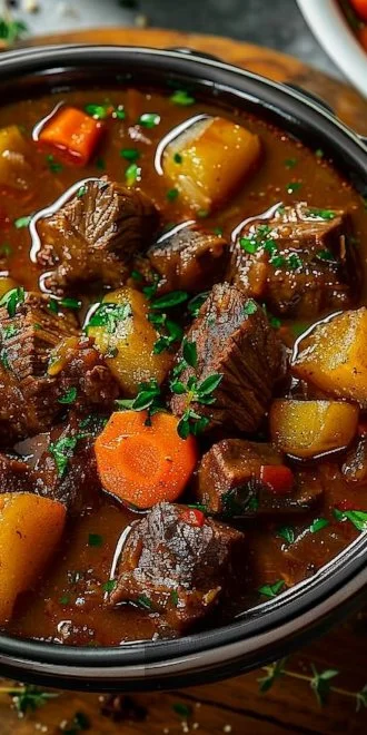 Easy Pioneer Woman’s Crockpot Beef Stew 4 Delicious Pioneer Woman's Crockpot Beef Stew served in a bowl