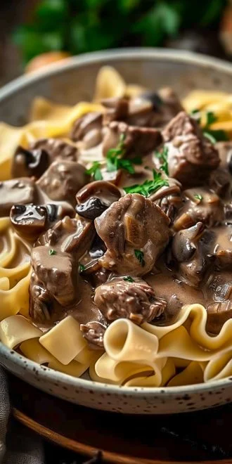 Easy Slow Cooker Beef Stroganoff 4 Easy slow cooker beef stroganoff served in a bowl with fresh parsley