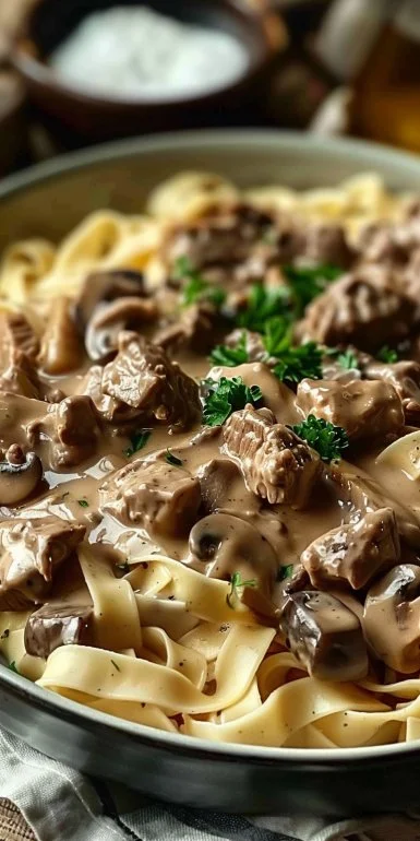 Easy weeknight beef stroganoff casserole garnished and served in a baking dish.