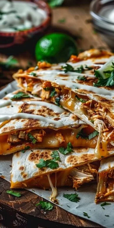 Delicious homemade chicken quesadilla filled with cheese and spices