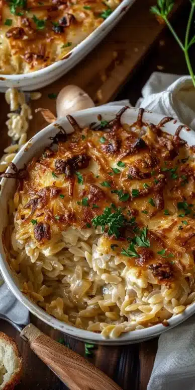 French Onion Chicken Orzo Casserole