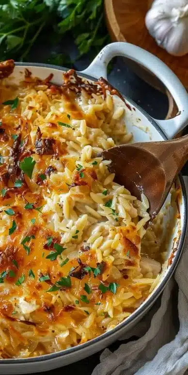 French Onion Chicken Orzo Casserole