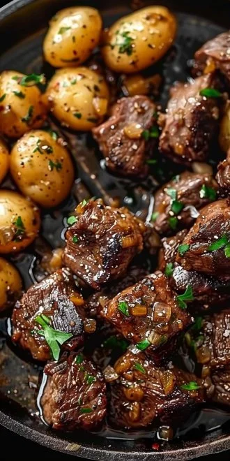 Delicious Garlic Butter Beef Bites served with crispy potatoes
