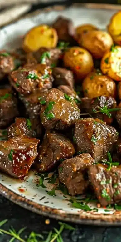 Delicious Garlic Butter Beef Bites served with golden roasted potatoes