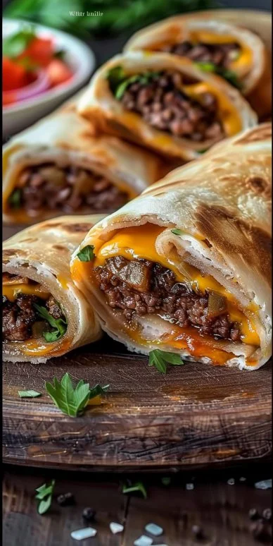 Garlic Butter Beef Cheeseburger Rollups ready to serve on a plate
