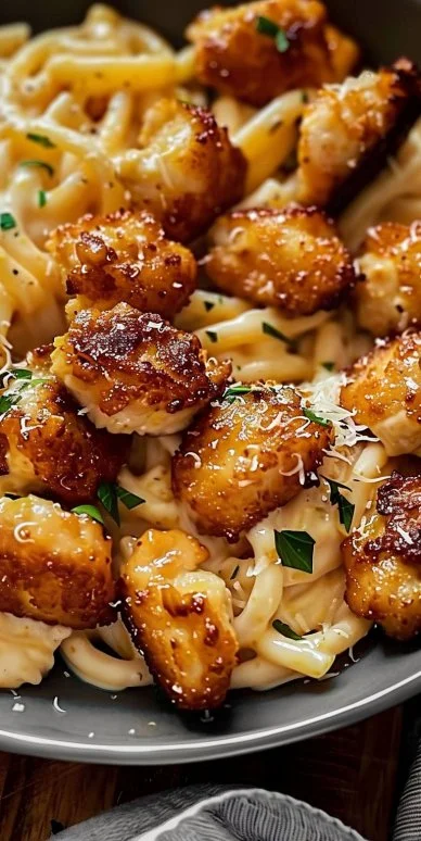 Garlic Butter Chicken Bites served with Savory Creamy Parmesan Pasta