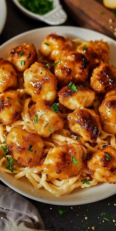Garlic Butter Chicken Bites with Savory Creamy Parmesan Pasta