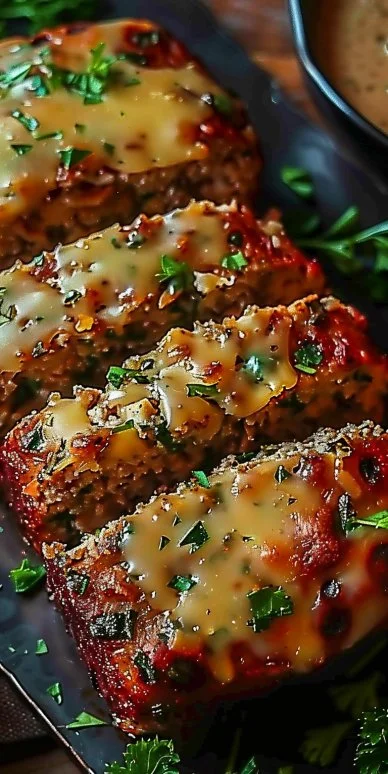 Garlic Parmesan Chicken Meatloaf 4 Delicious Garlic Parmesan Chicken Meatloaf served on a plate with herbs and spices.